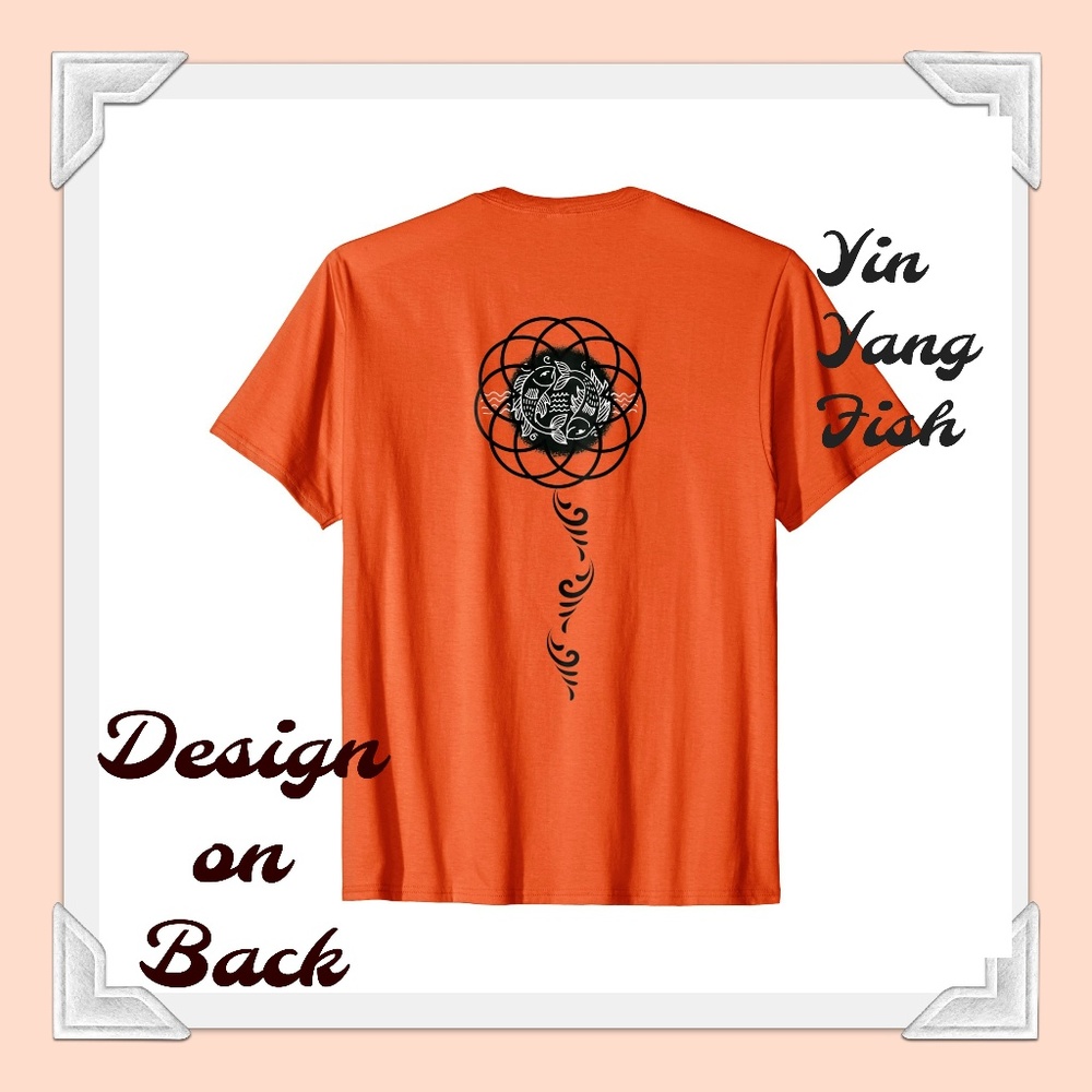 Yin Yang T-shirt Fish Shells Orange Black On Back